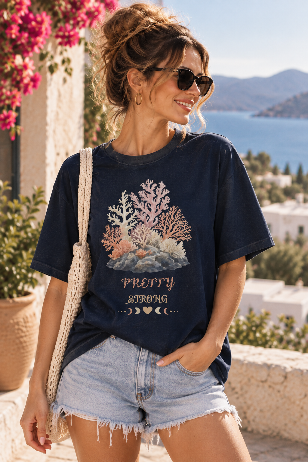 Pretty Strong Sea Coral - organic oversized high neck t-shirt